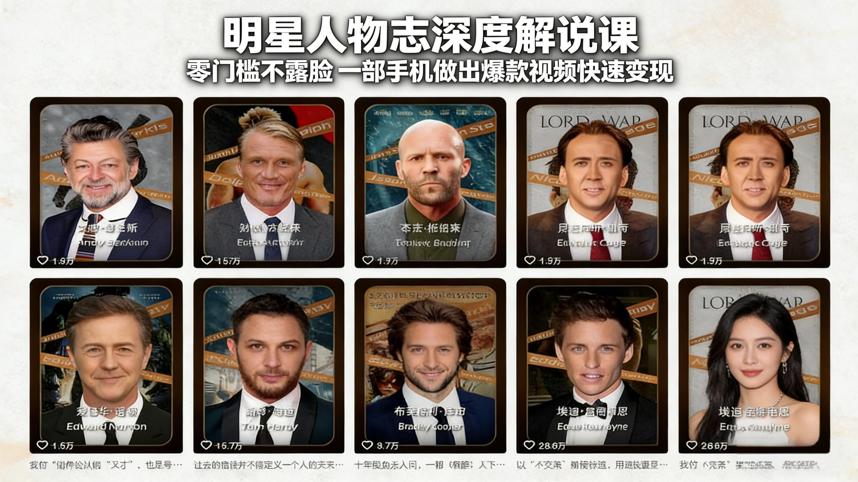 明星人物志深度解说课：零门槛不露脸，一部手机做出爆款视频快速变现-laogaiwz