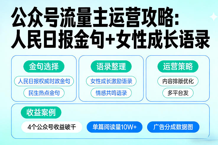利用人民日报金句+女性成长语录做公众号流量主，4个公众号收益破千-laogaiwz