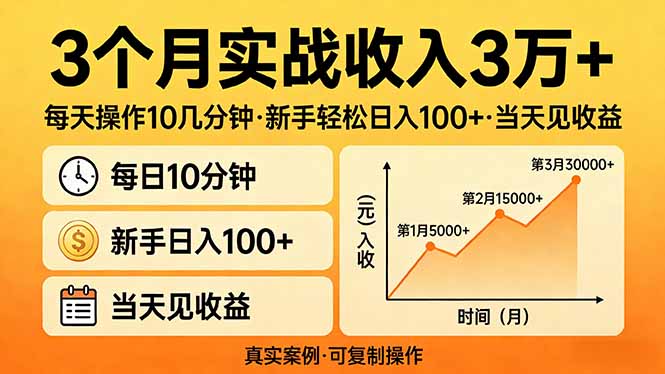 3个月实战收入3万+，每天操作10几分钟，新手轻松日入100+，当天见收益-laogaiwz