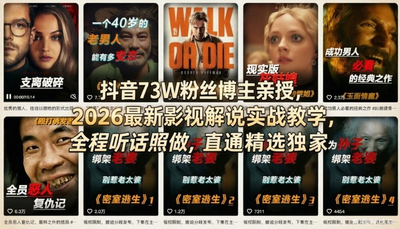 抖音73W粉丝博主亲授，2026最新影视解说实战教学，全程听话照做，直通精选独家-laogaiwz
