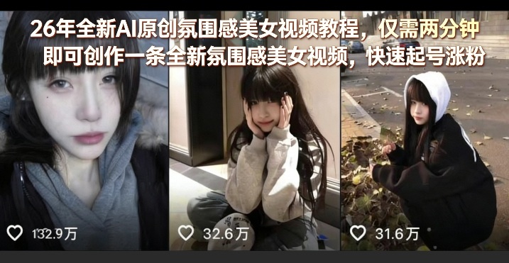 26年全新AI原创氛围感美女视频教程，仅需两分钟即可创作一条全新氛围感美女视频，快速起号涨粉-laogaiwz