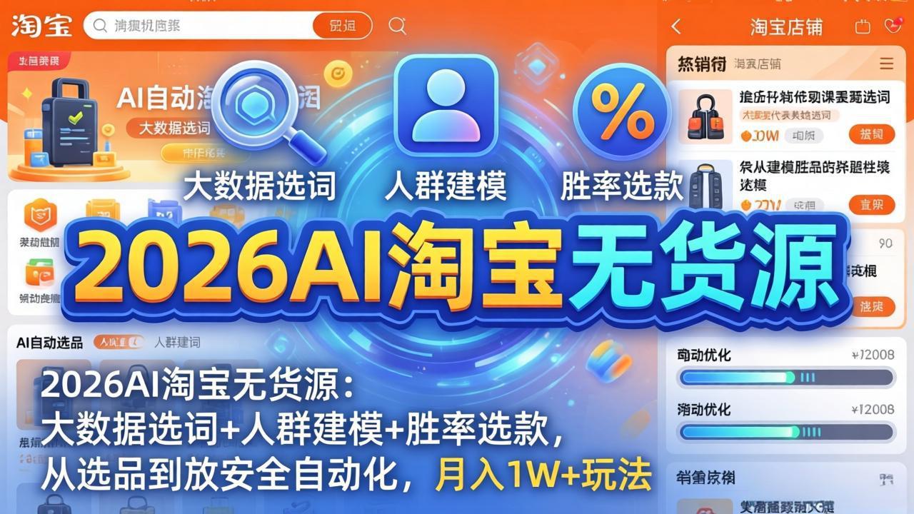 2026AI淘宝无货源：大数据选词+人群建模+胜率选款，从选品到放大全自动化，月入1W+玩法-laogaiwz